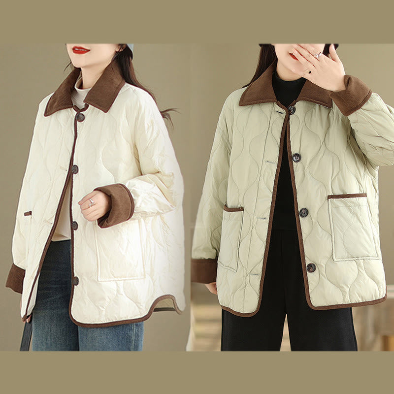 Contrasting Color Lapel Women's Long Sleeve Cotton Jacket With Pockets - Image 24