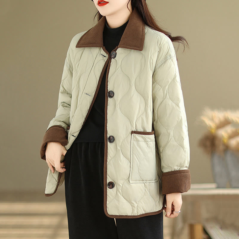 Contrasting Color Lapel Women's Long Sleeve Cotton Jacket With Pockets - Image 18