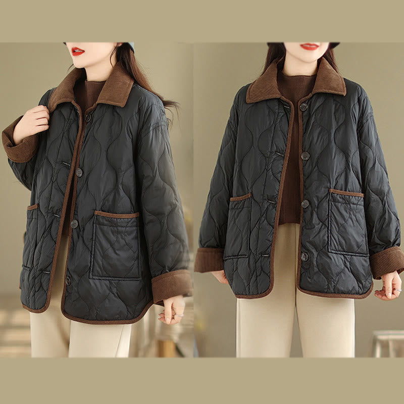 Contrasting Color Lapel Women's Long Sleeve Cotton Jacket With Pockets - Image 12