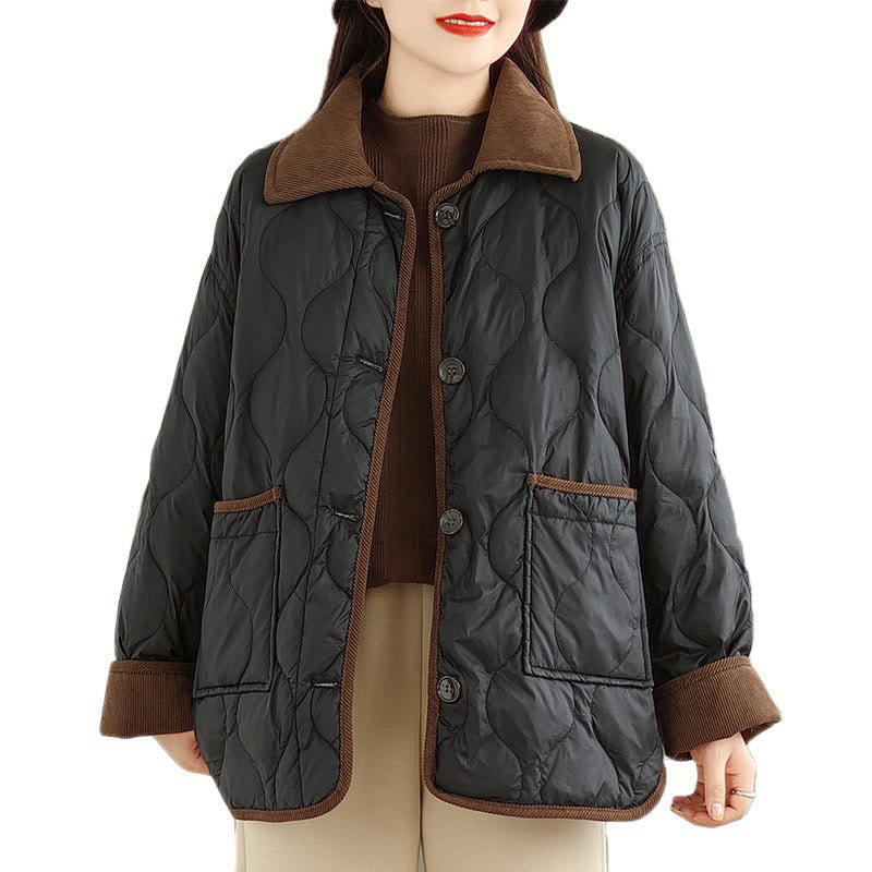 Contrasting Color Lapel Women's Long Sleeve Cotton Jacket With Pockets - Image 13