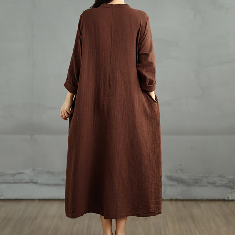 Plain Long Sleeve Notched Collar Double-layer Cotton Midi Dress With Pockets - Image 6