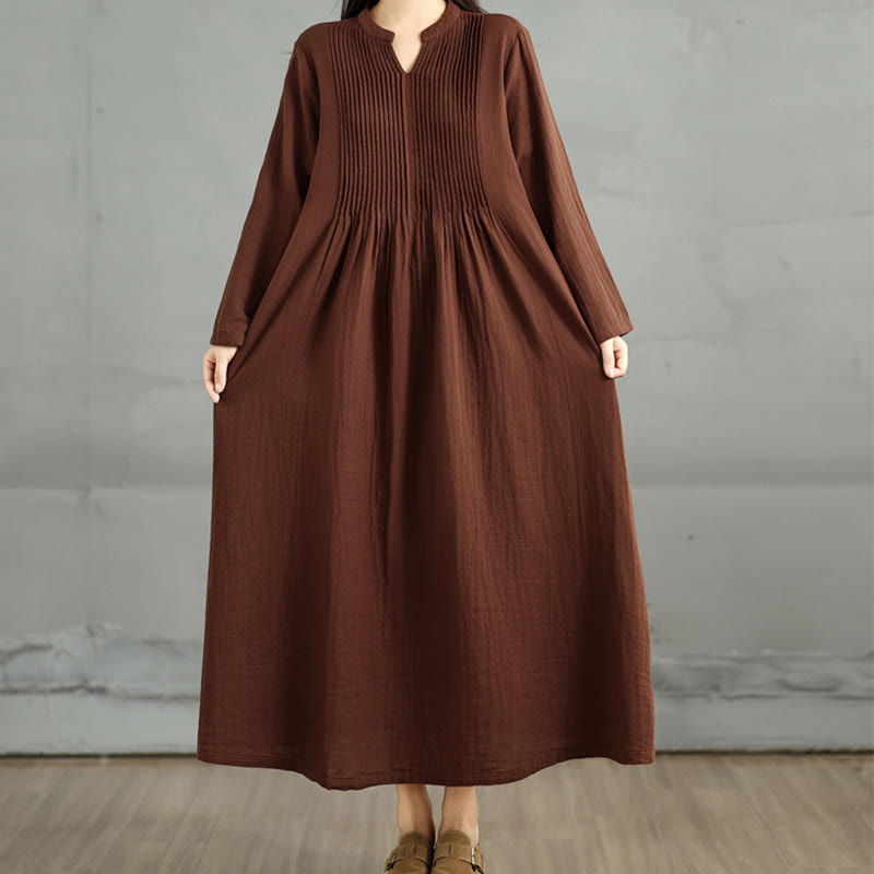 Plain Long Sleeve Notched Collar Double-layer Cotton Midi Dress With Pockets - Image 3