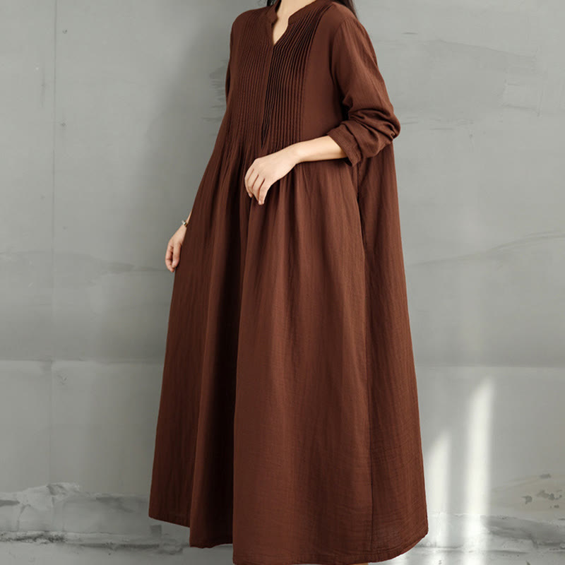 Plain Long Sleeve Notched Collar Double-layer Cotton Midi Dress With Pockets - Image 7