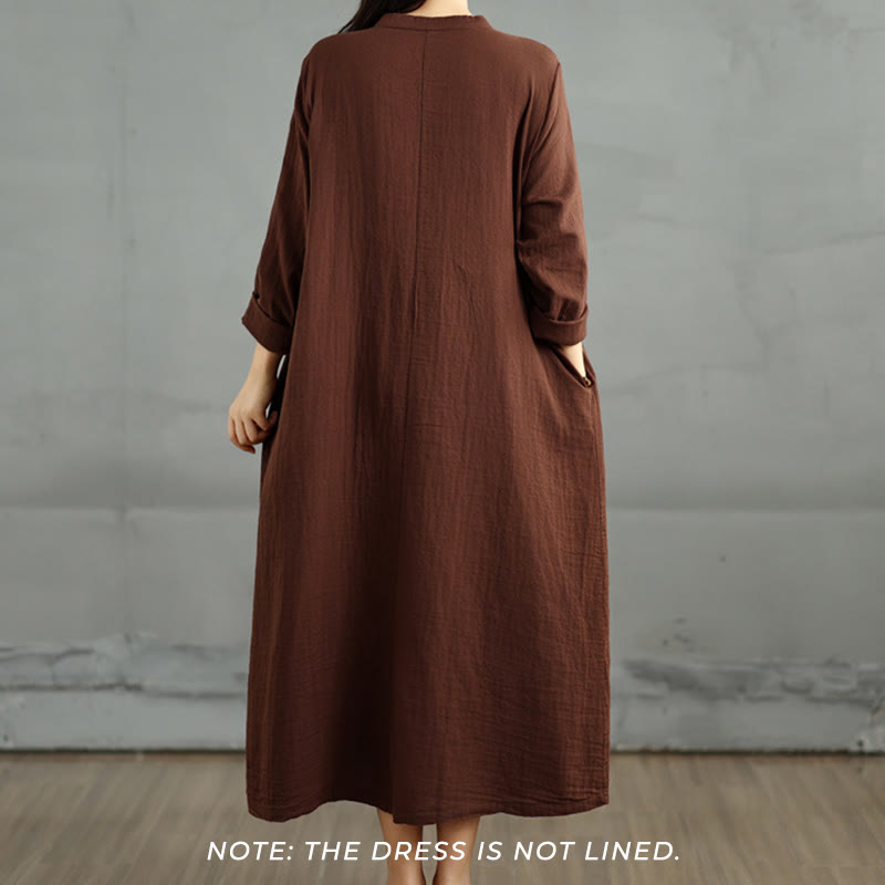 Plain Long Sleeve Notched Collar Double-layer Cotton Midi Dress With Pockets - Image 2