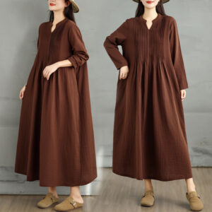 Plain Long Sleeve Notched Collar Double-layer Cotton Midi Dress With Pockets