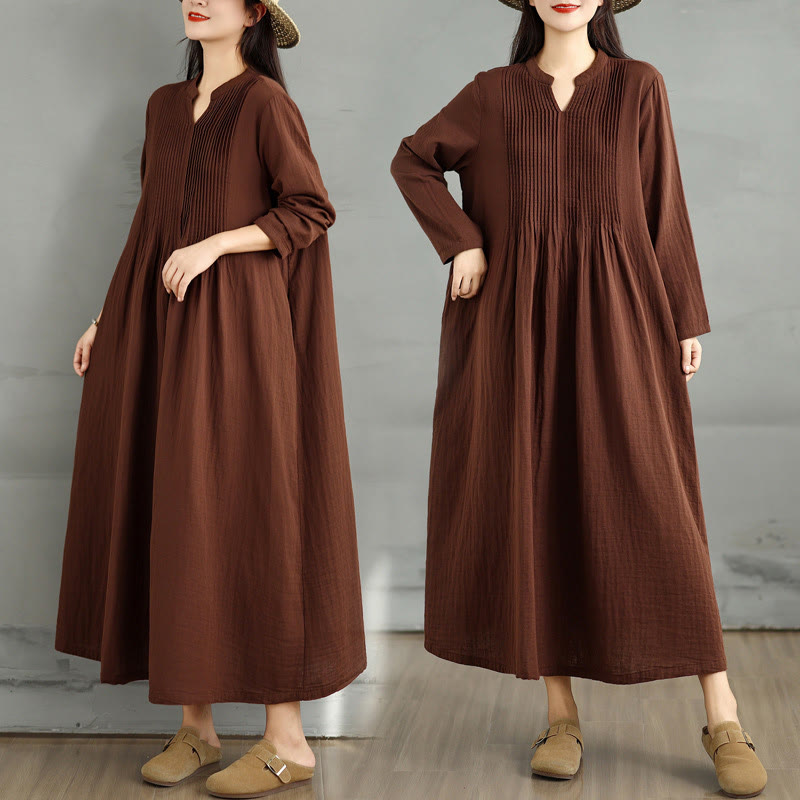 Plain Long Sleeve Notched Collar Double-layer Cotton Midi Dress With Pockets