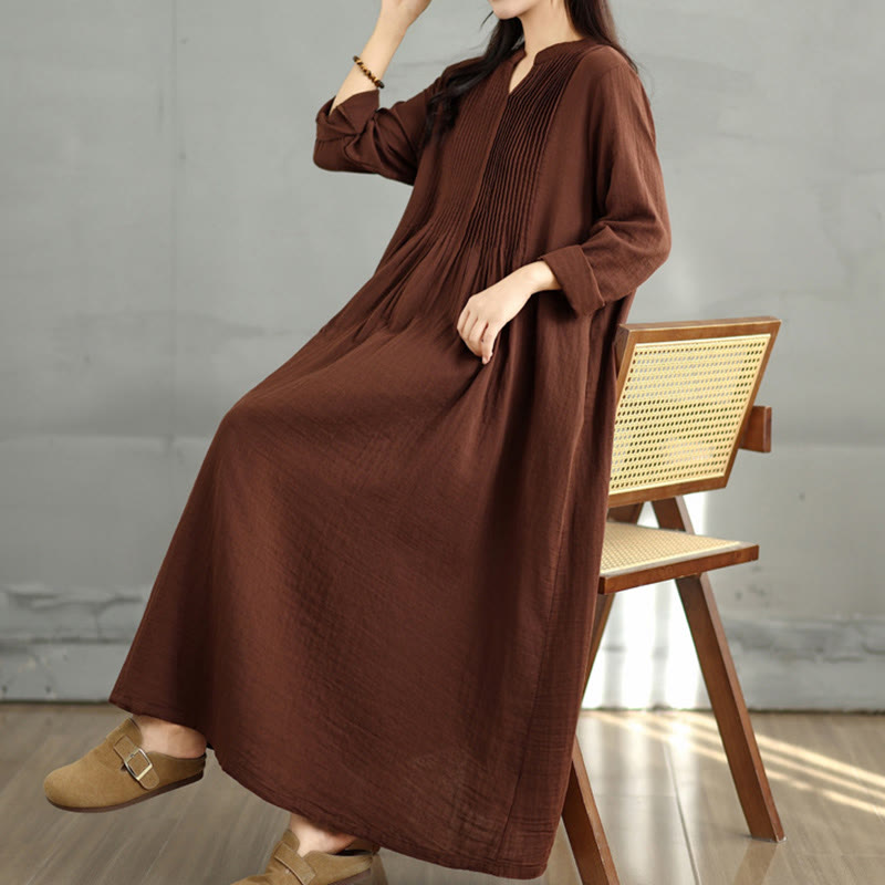 Plain Long Sleeve Notched Collar Double-layer Cotton Midi Dress With Pockets - Image 9