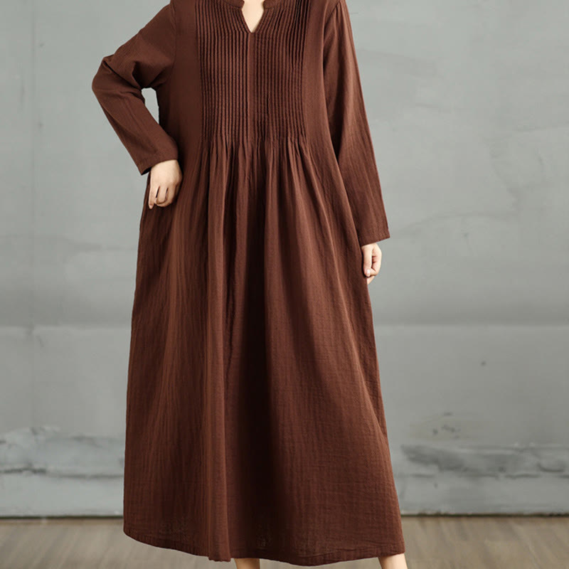 Plain Long Sleeve Notched Collar Double-layer Cotton Midi Dress With Pockets - Image 8