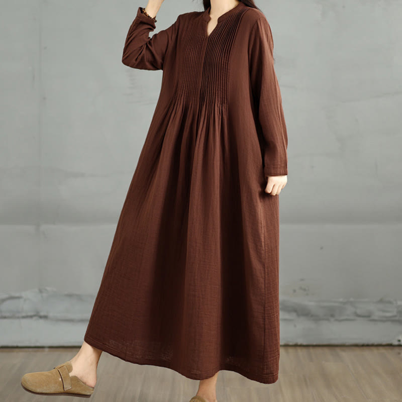 Plain Long Sleeve Notched Collar Double-layer Cotton Midi Dress With Pockets - Image 4