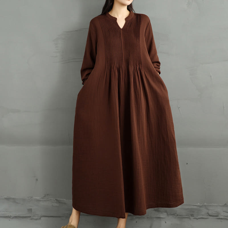 Plain Long Sleeve Notched Collar Double-layer Cotton Midi Dress With Pockets - Image 5