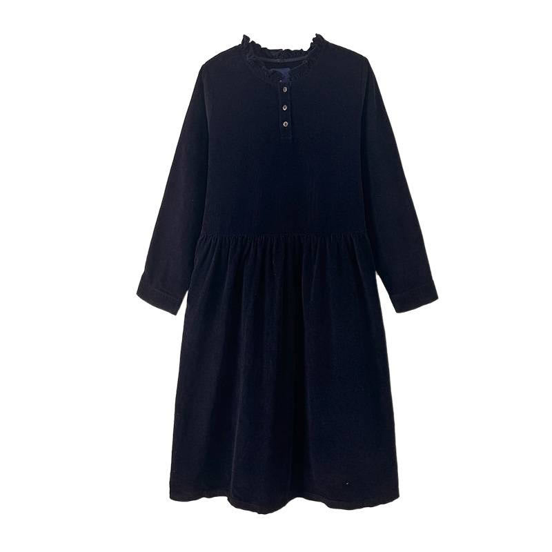 Lace-Up Design Ruffled Crew Neck Cotton Corduroy Long Sleeve Midi Dress With Pockets - Image 13