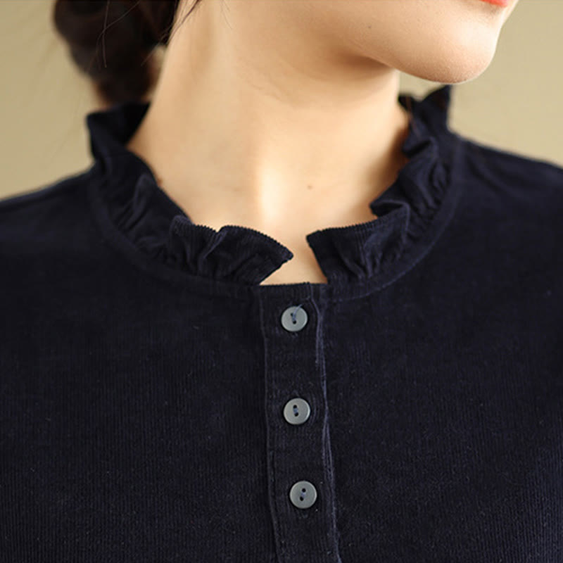 Lace-Up Design Ruffled Crew Neck Cotton Corduroy Long Sleeve Midi Dress With Pockets - Image 9