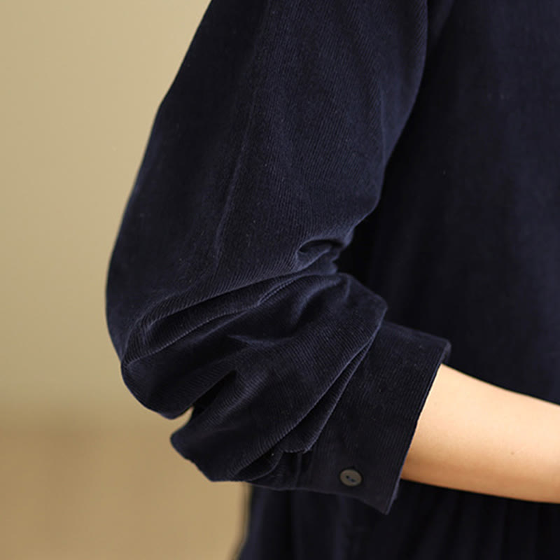 Lace-Up Design Ruffled Crew Neck Cotton Corduroy Long Sleeve Midi Dress With Pockets - Image 11