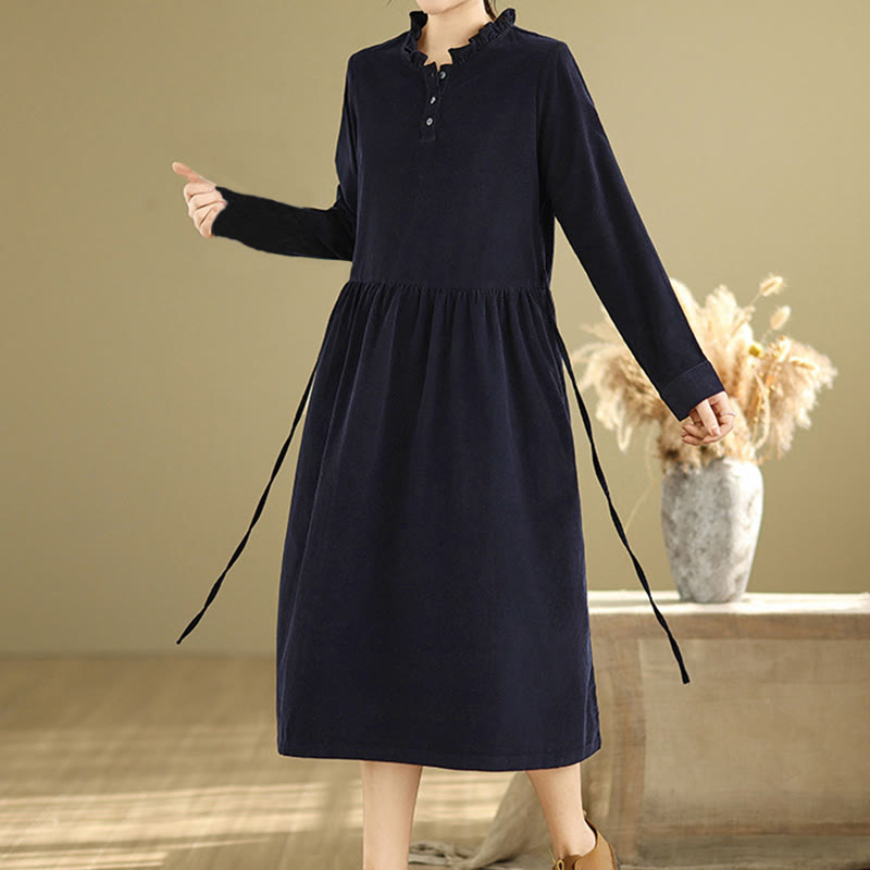 Lace-Up Design Ruffled Crew Neck Cotton Corduroy Long Sleeve Midi Dress With Pockets