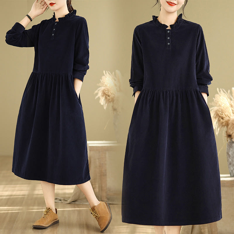 Lace-Up Design Ruffled Crew Neck Cotton Corduroy Long Sleeve Midi Dress With Pockets - Image 8
