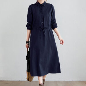 Fall Solid Color Lace-Up Design Lapel Long Sleeve Cotton Midi Dress With Pockets