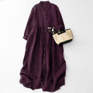 Fall DarkMagenta V-Neck Buttons Design Cotton Long Sleeve Midi Dress