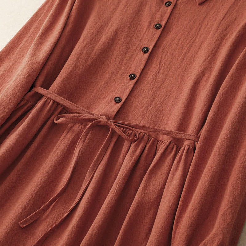 Fall Lapel Buttons Lace-Up Design Cotton Long Sleeve Midi Dress With Pockets - Image 4