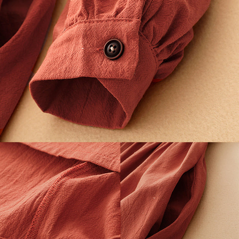 Fall Lapel Buttons Lace-Up Design Cotton Long Sleeve Midi Dress With Pockets - Image 9