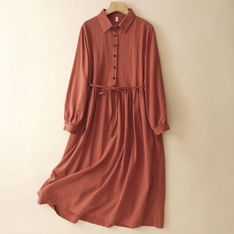 Fall Lapel Buttons Lace-Up Design Cotton Long Sleeve Midi Dress With Pockets