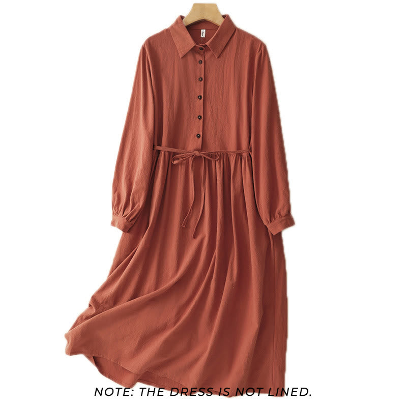 Fall Lapel Buttons Lace-Up Design Cotton Long Sleeve Midi Dress With Pockets - Image 2