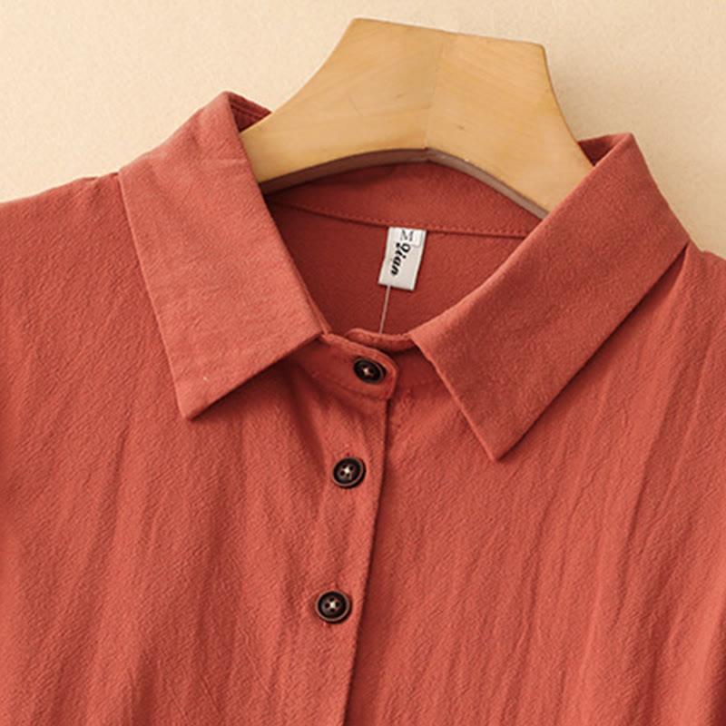 Fall Lapel Buttons Lace-Up Design Cotton Long Sleeve Midi Dress With Pockets - Image 3