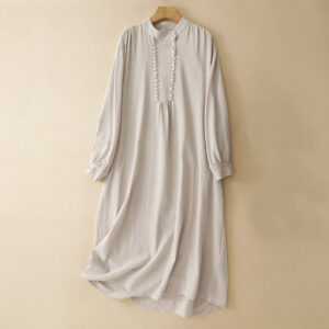 Pure Color Stand Collar Double-breasted Buttons Design Cotton Long Sleeve Midi Dress