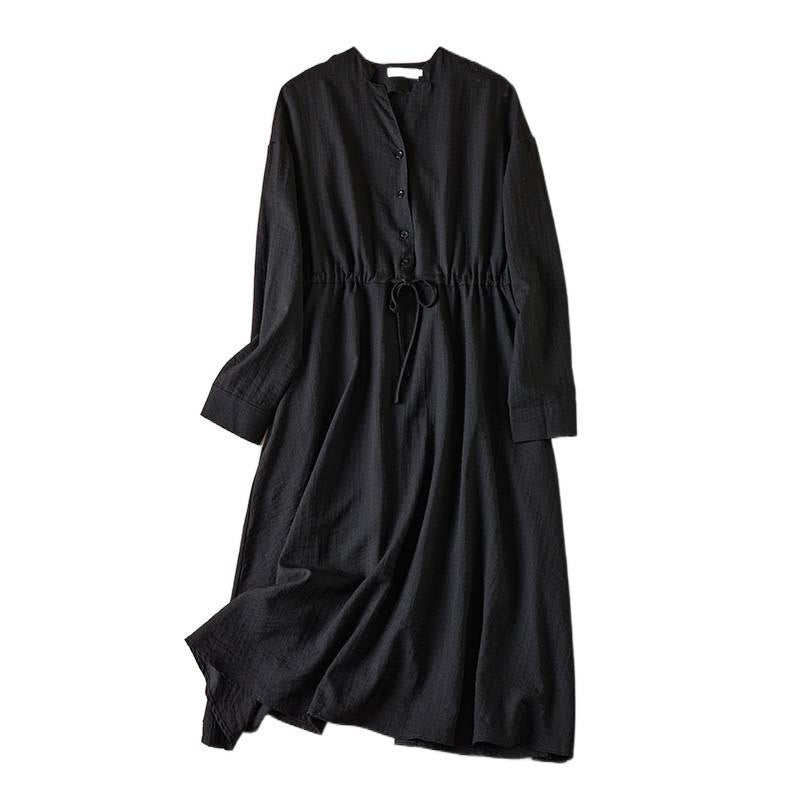 Pure Color Notched Collar Drawstring Cotton Long Sleeve Midi Dress With Pockets - Image 7