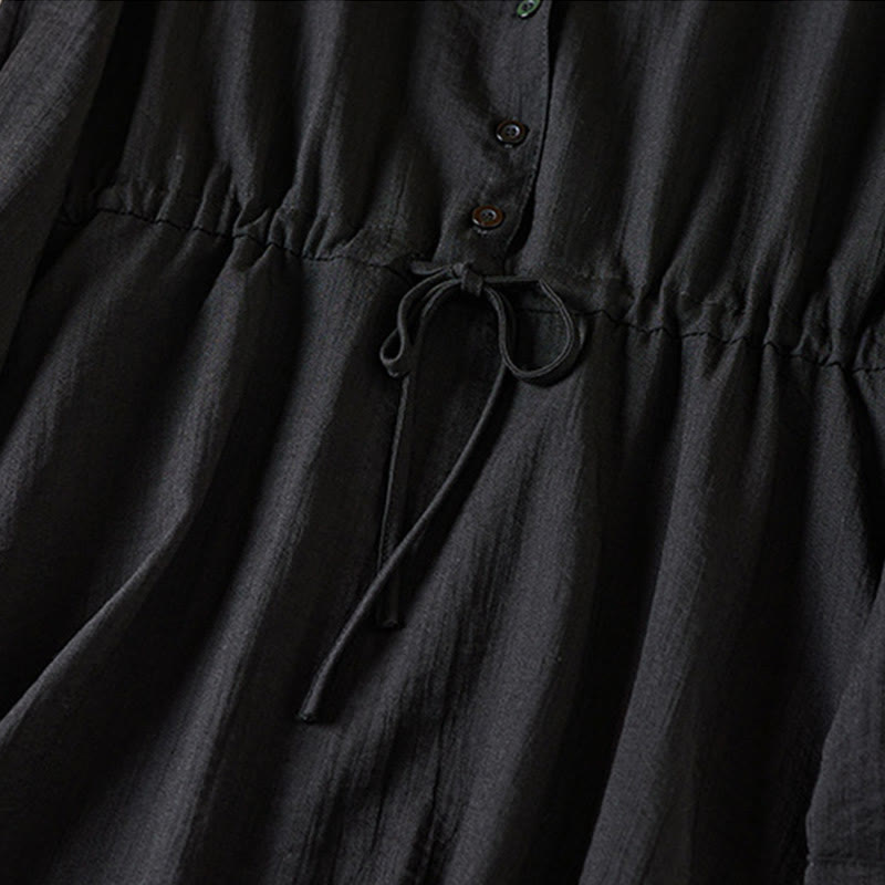 Pure Color Notched Collar Drawstring Cotton Long Sleeve Midi Dress With Pockets - Image 5