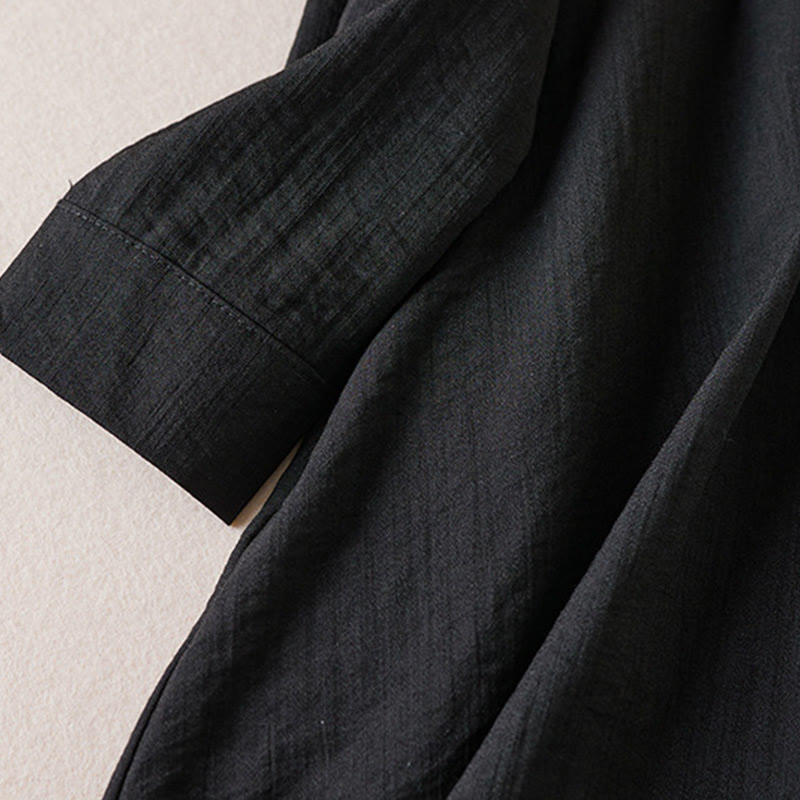 Pure Color Notched Collar Drawstring Cotton Long Sleeve Midi Dress With Pockets - Image 3