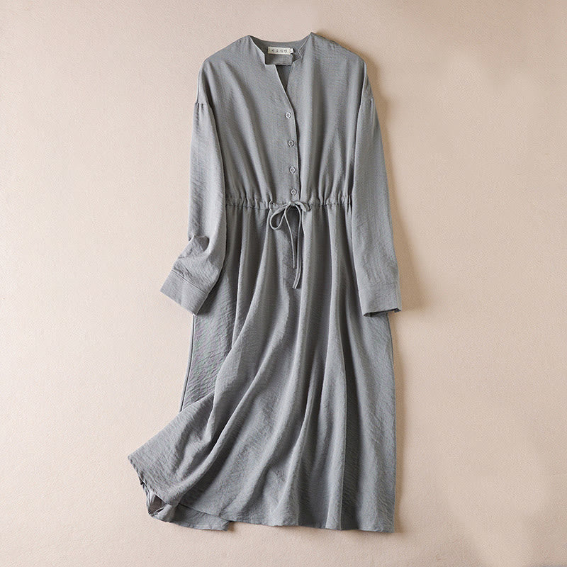 Pure Color Notched Collar Drawstring Cotton Long Sleeve Midi Dress With Pockets - Image 8