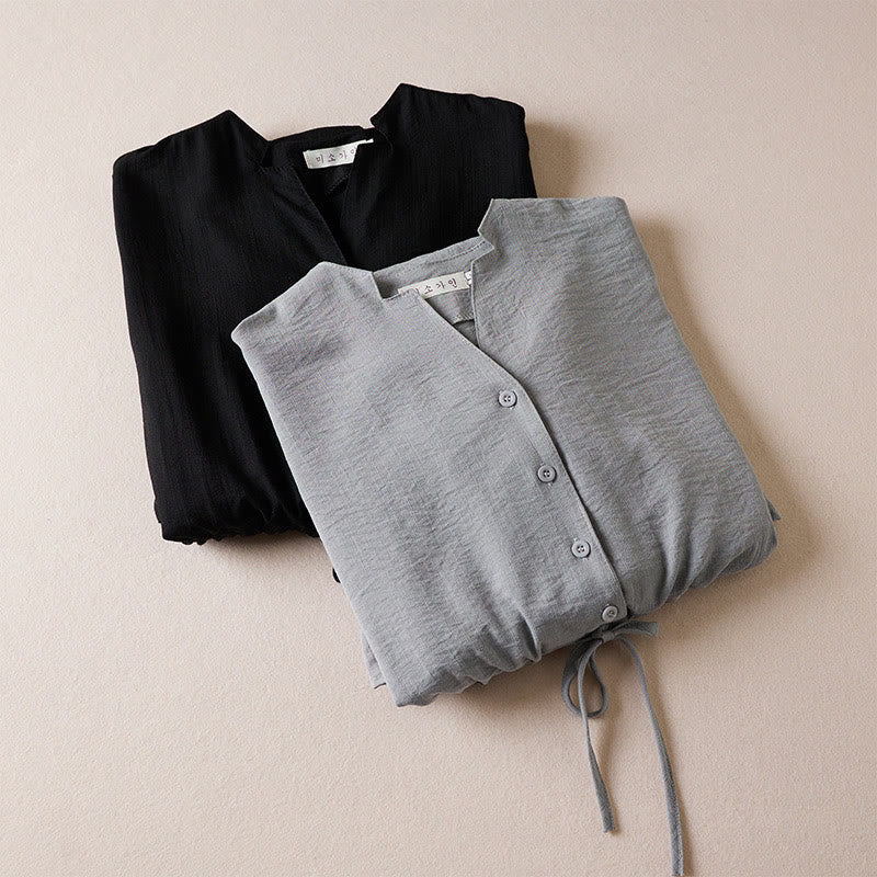 Pure Color Notched Collar Drawstring Cotton Long Sleeve Midi Dress With Pockets - Image 16