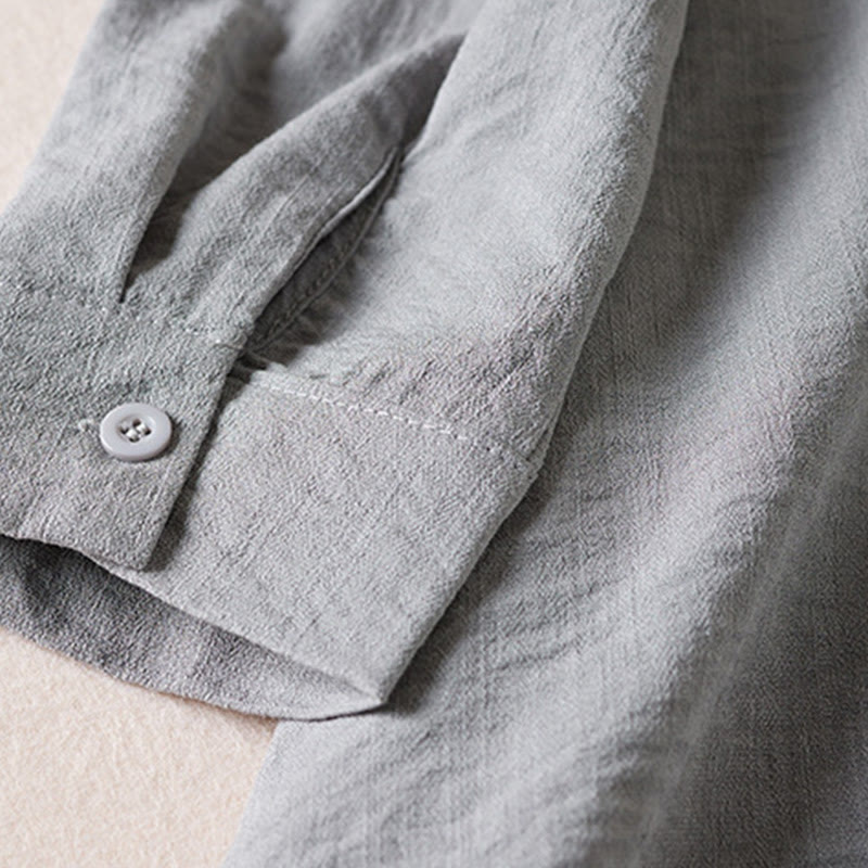 Pure Color Notched Collar Drawstring Cotton Long Sleeve Midi Dress With Pockets - Image 14