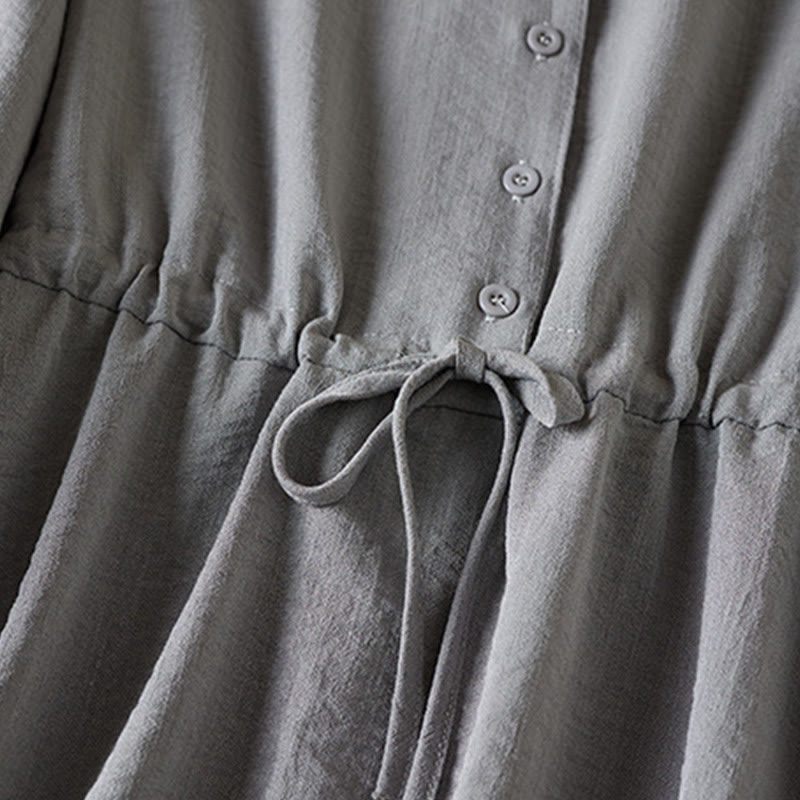 Pure Color Notched Collar Drawstring Cotton Long Sleeve Midi Dress With Pockets - Image 11