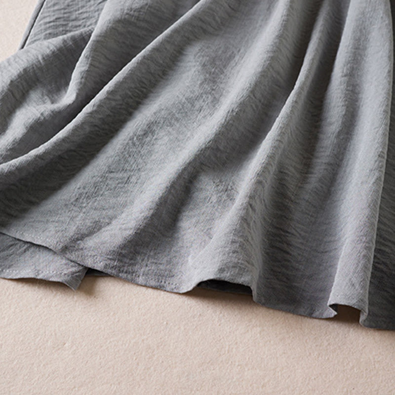 Pure Color Notched Collar Drawstring Cotton Long Sleeve Midi Dress With Pockets - Image 15