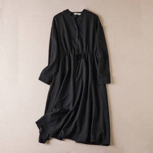 Pure Color Notched Collar Drawstring Cotton Long Sleeve Midi Dress With Pockets