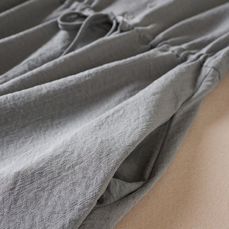 Pure Color Notched Collar Drawstring Cotton Long Sleeve Midi Dress With Pockets - Image 12