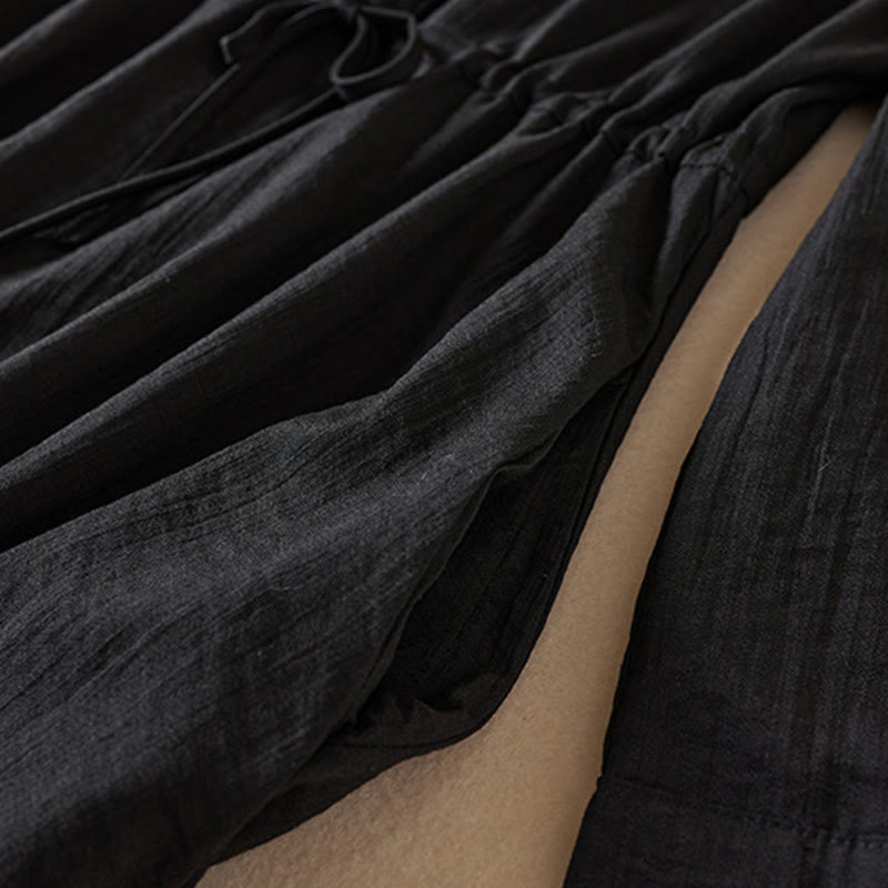 Pure Color Notched Collar Drawstring Cotton Long Sleeve Midi Dress With Pockets - Image 4