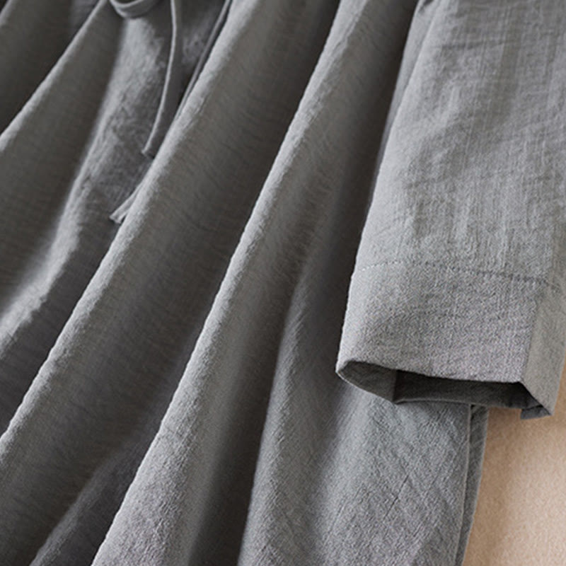 Pure Color Notched Collar Drawstring Cotton Long Sleeve Midi Dress With Pockets - Image 10