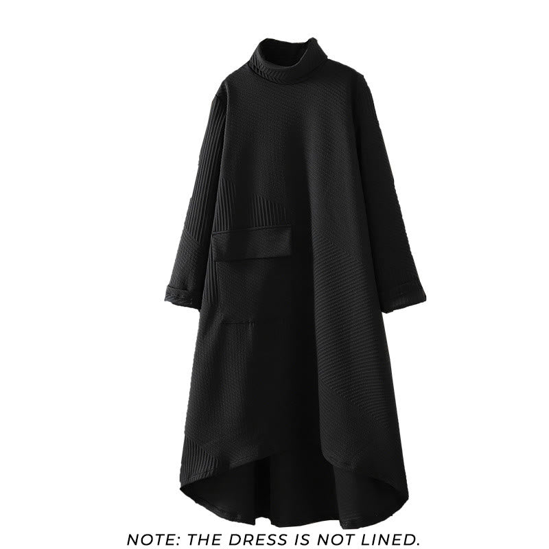 Pure Color Irregular Design Cotton Turtleneck Long Sleeve Midi Dress With Pocket - Image 2