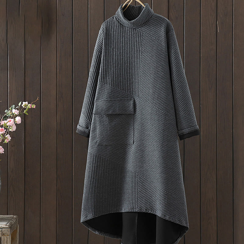 Pure Color Irregular Design Cotton Turtleneck Long Sleeve Midi Dress With Pocket - Image 8