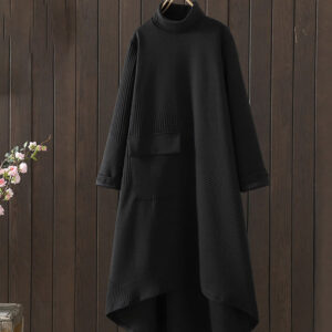 Pure Color Irregular Design Cotton Turtleneck Long Sleeve Midi Dress With Pocket