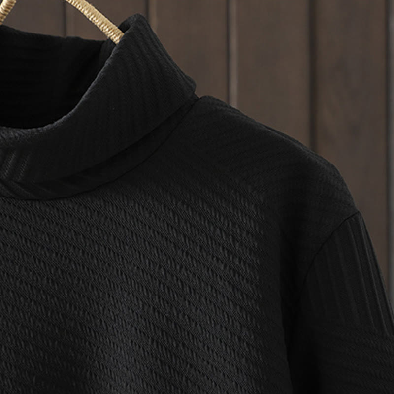 Pure Color Irregular Design Cotton Turtleneck Long Sleeve Midi Dress With Pocket - Image 4