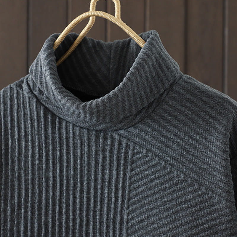 Pure Color Irregular Design Cotton Turtleneck Long Sleeve Midi Dress With Pocket - Image 10