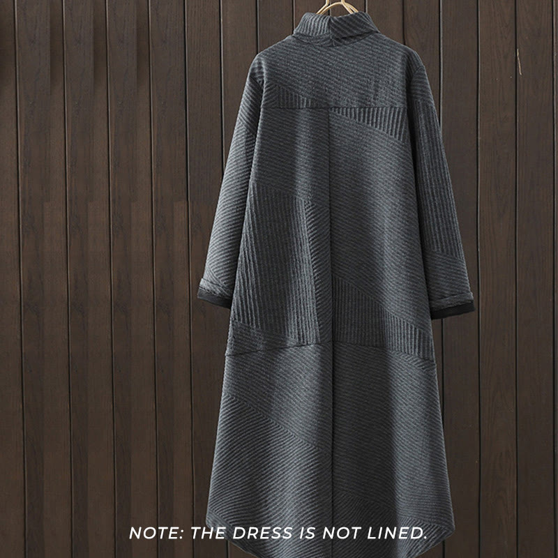 Pure Color Irregular Design Cotton Turtleneck Long Sleeve Midi Dress With Pocket - Image 9