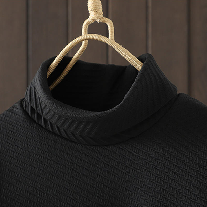 Pure Color Irregular Design Cotton Turtleneck Long Sleeve Midi Dress With Pocket - Image 3