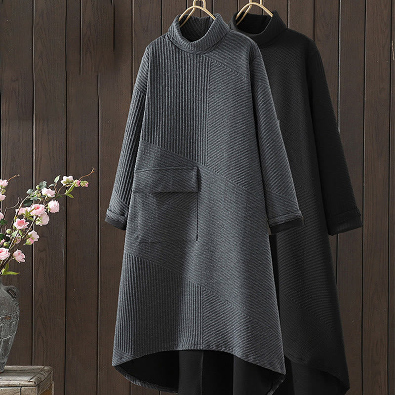 Pure Color Irregular Design Cotton Turtleneck Long Sleeve Midi Dress With Pocket - Image 18