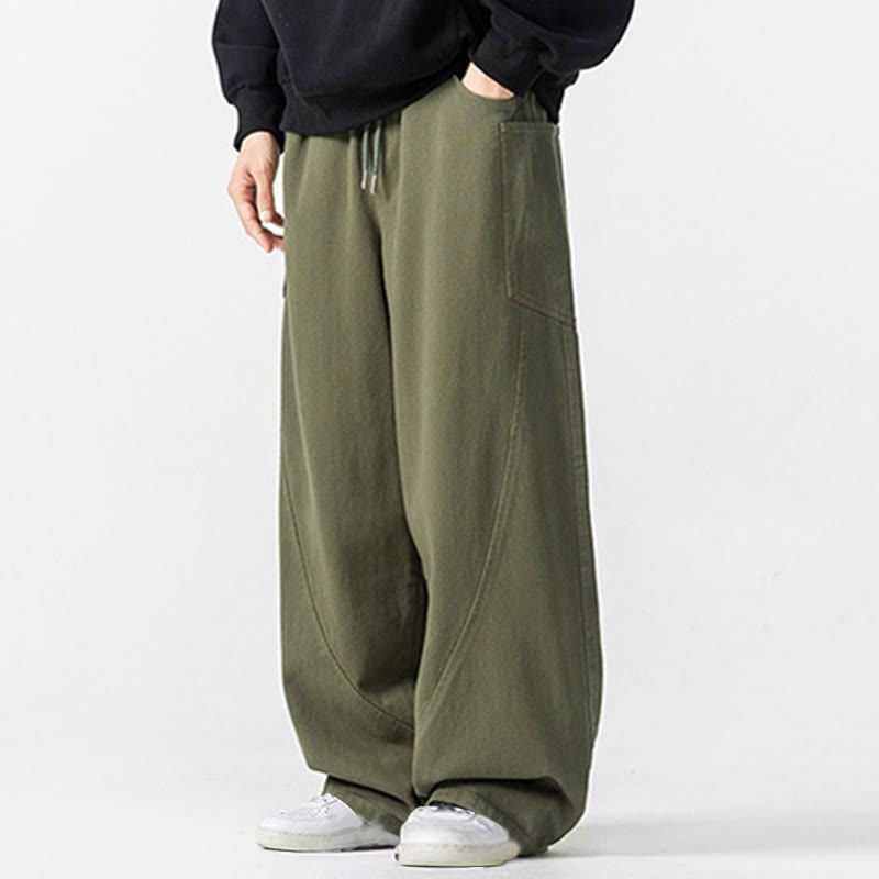 Fall Pure Color Men's Wide Leg Cotton Drawstring Pants With Pockets - Image 13