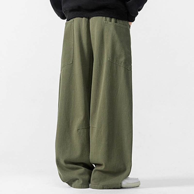 Fall Pure Color Men's Wide Leg Cotton Drawstring Pants With Pockets - Image 11