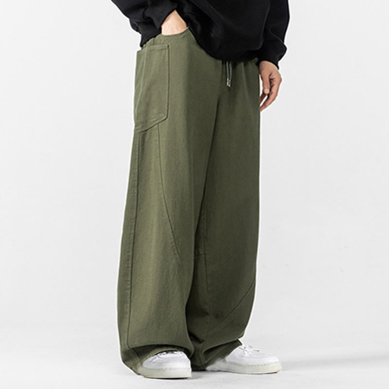 Fall Pure Color Men's Wide Leg Cotton Drawstring Pants With Pockets - Image 15